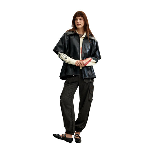 Giacca poncho nera donna Desigual effetto pelle – Poncho similpelle con colletto e coulisse Desigual 26WAIP022000U.
