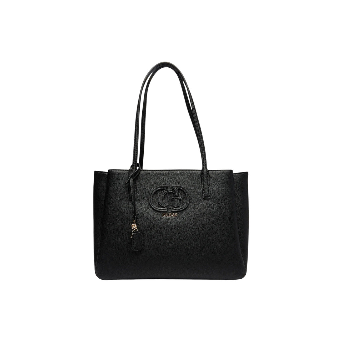 Borsa Shopper Grande Donna Guess Isola; Nero. 100% Ecopelle strutturata, chiusura con zip, doppi manici a spalla, tasca sul retro e charm oro. Silhouette svasata e capiente (40x28 cm), stile elegante-casual. Frontale 