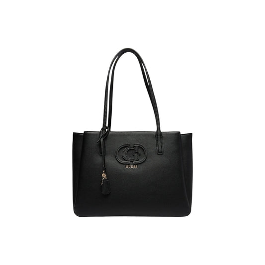 Borsa Shopper Grande Donna Guess Isola; Nero. 100% Ecopelle strutturata, chiusura con zip, doppi manici a spalla, tasca sul retro e charm oro. Silhouette svasata e capiente (40x28 cm), stile elegante-casual. Frontale 