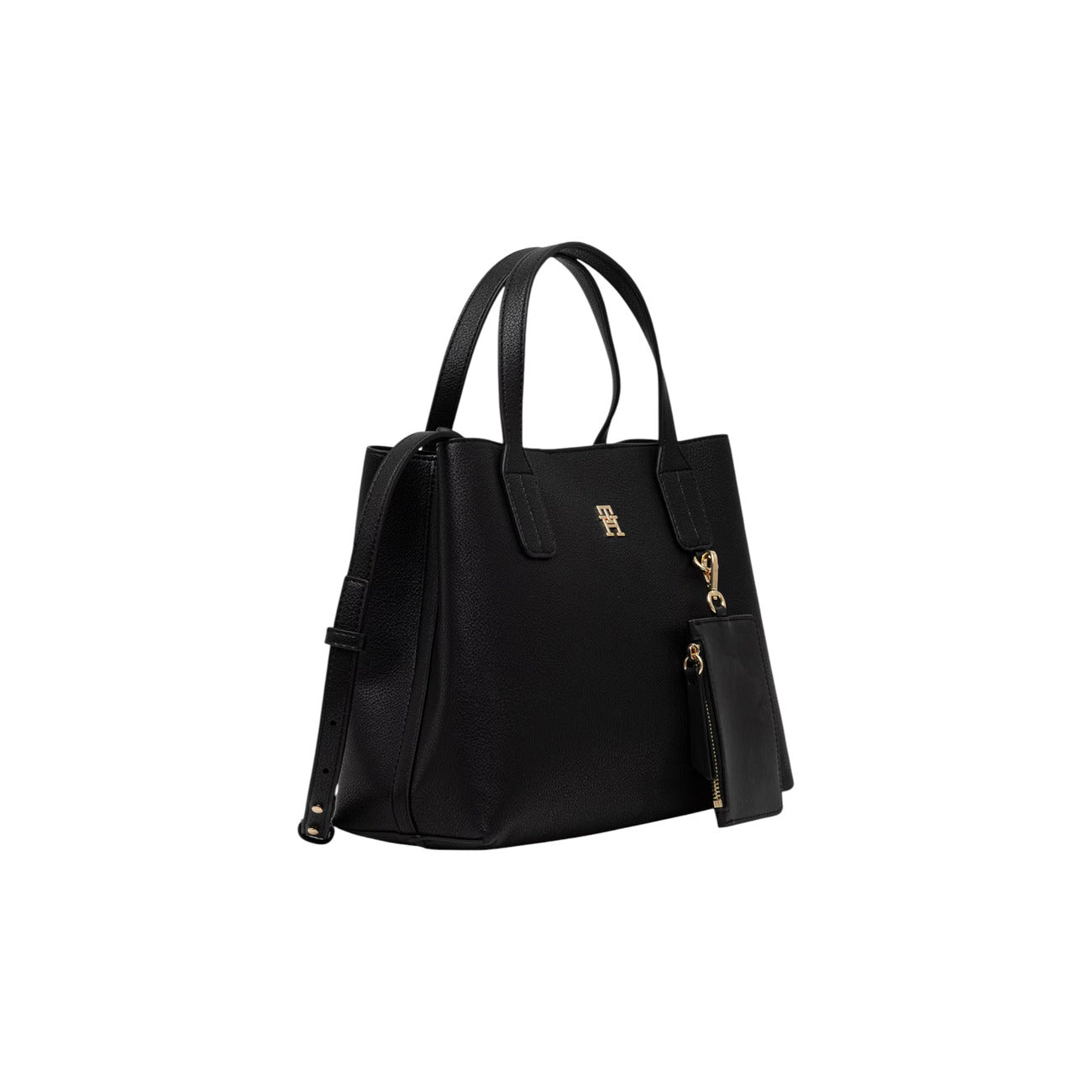 Borsa Satchel Donna Tommy Hilfiger; Nero. Finitura granata, chiusura con zip, doppi manici, tracolla regolabile e mini pochette esterna rimovibile. Dettagli in metallo oro lucido, misure capienti (32x28 cm), stile strutturato. Laterale frontale 