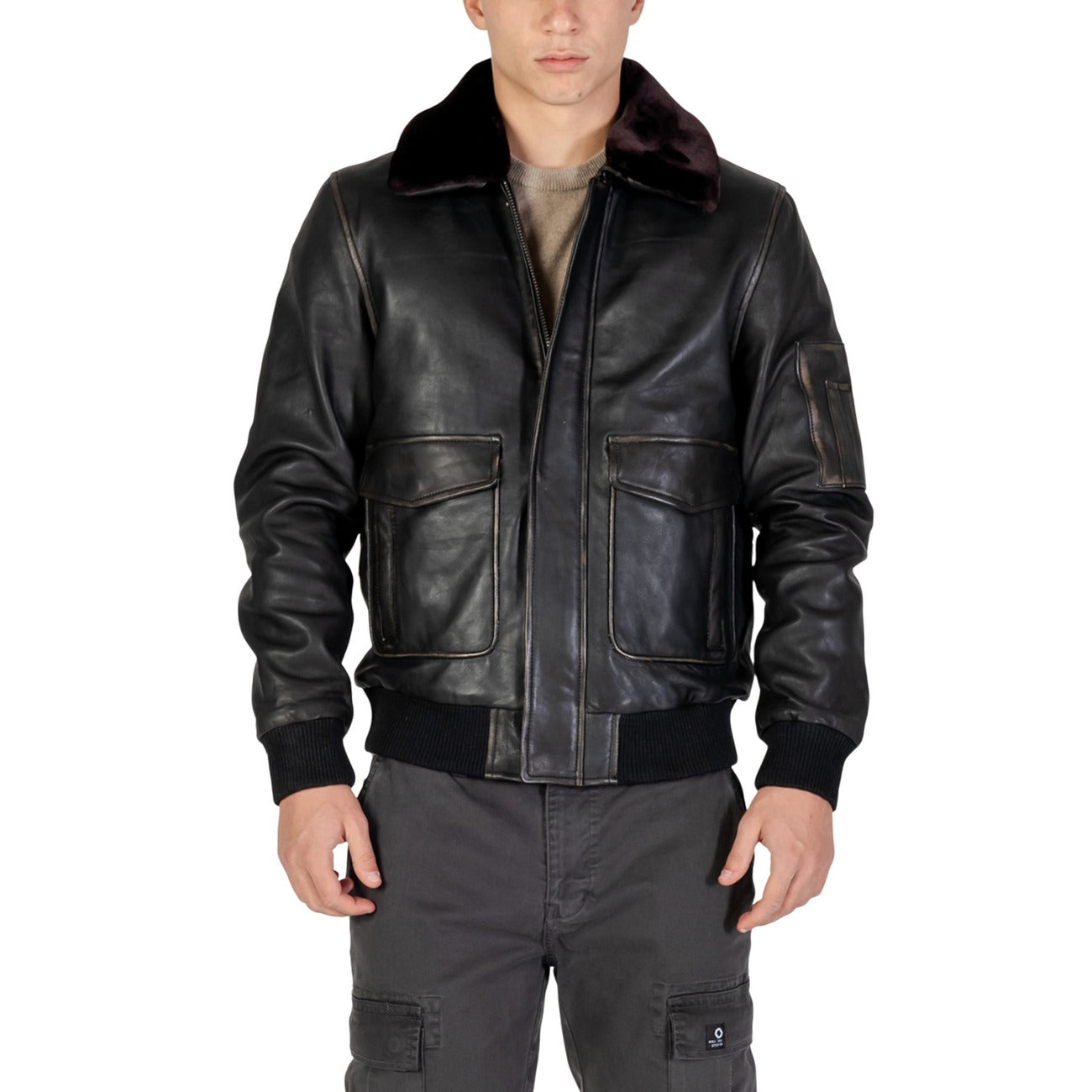 Yos Giacca Uomo Marrone Cerniera Manica Lunga Scollo Tondo Colletto Classico Tasche Pelle 100% Autunno Inverno LGI5GB010576U