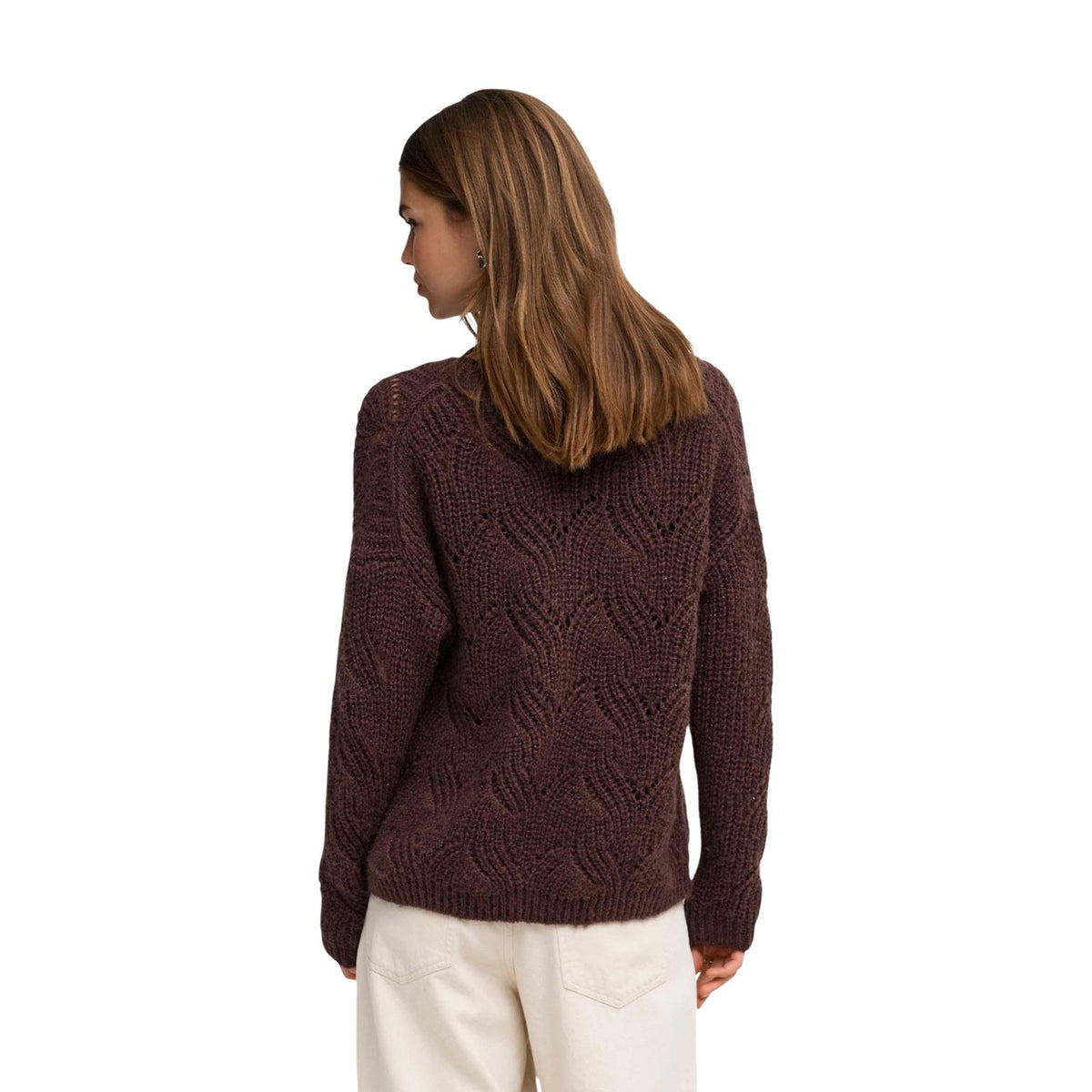 Maglione marrone glitter donna Only 15352712. Pullover in maglia testurizzata marrone con punti luce glitter, scollo rotondo e maniche lunghe.