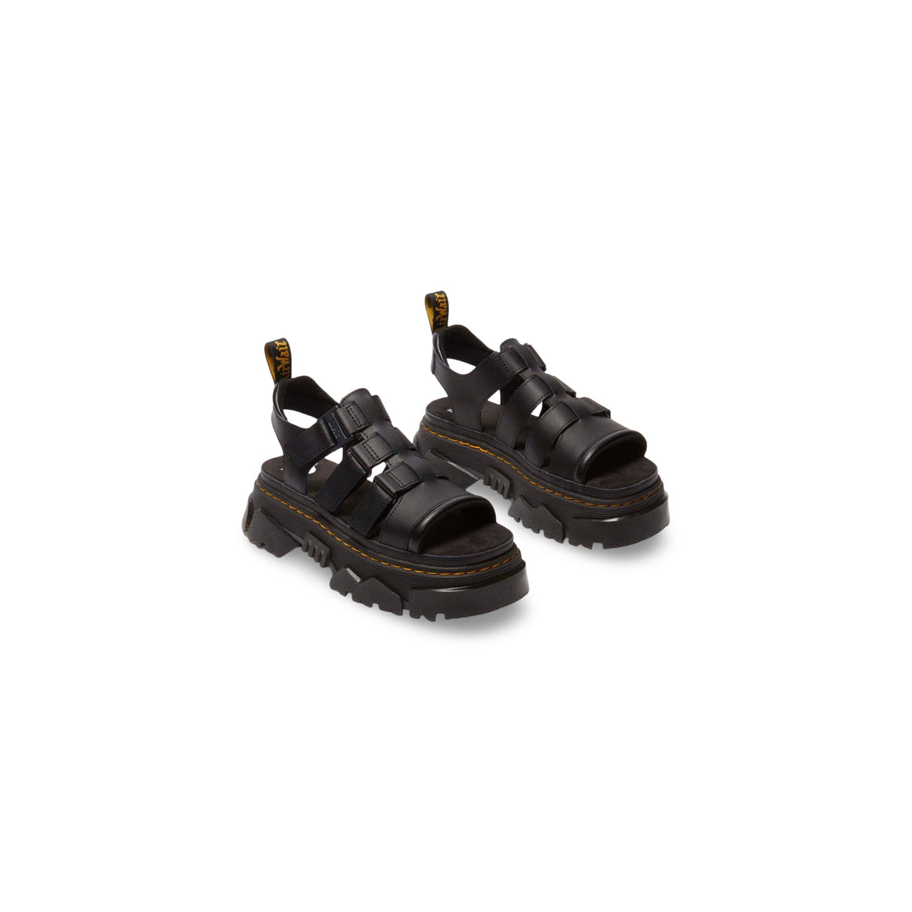 Dr. Martens Sandalo Mattison Platform; Nero. 100% Pelle Athena opaca. Tacco 5 cm, suola ibrida EVA/PVC, sottopiede in camoscio e chiusura a fibbia. Dettagli originali Dr. Martens con cuciture gialle. Frontale laterale 