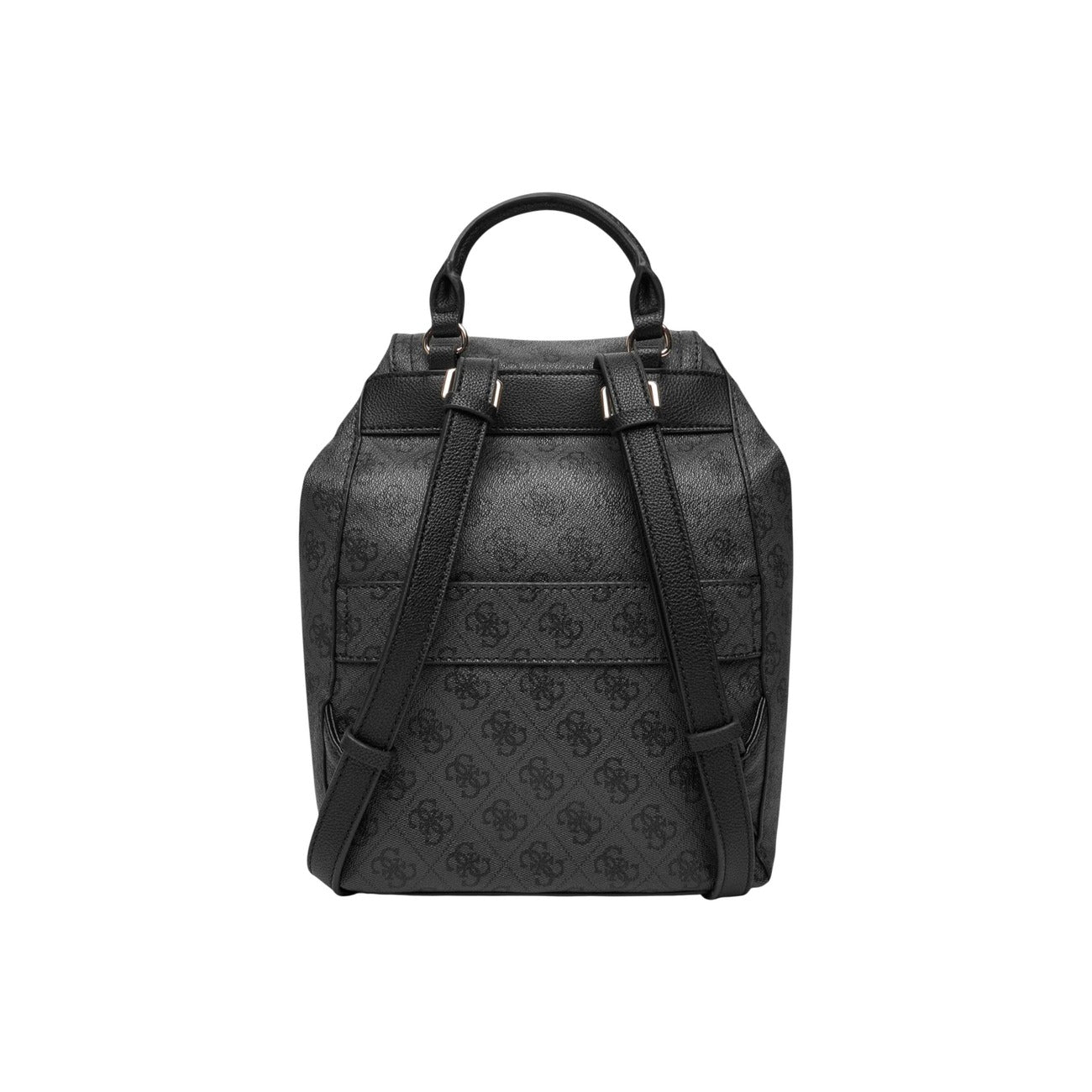 Zaino Guess Manhattan II Flap Nero; 100% Poliuretano. Texture logo in rilievo, chiusura a patta, doppia tasca esterna, metalleria dorata. Zaino donna elegante e strutturato. Vista posteriore 