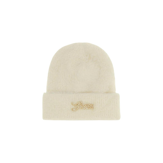 Cappello berretto nylon donna Guess KNITTED BEANIE. Beanie beige marrone nero autunno inverno con componenti dorate.
