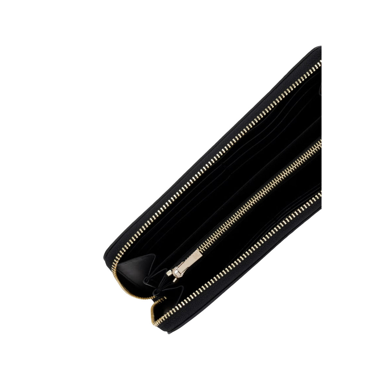 Portafoglio Grande Donna Tommy Hilfiger; Nero. Finitura zigrinata saffiano, chiusura zip around e dettagli in metallo oro lucido. Interno organizzato con portamonete a cerniera e fessure carte. Misure slanciate (20x10,5 cm). Colore nero. Vista aperta 