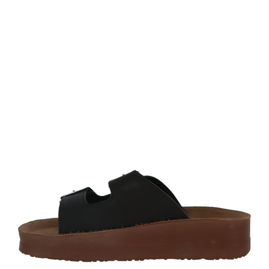 Ciabatte Platform Carrera; Nero e Marrone. Doppia fascia con fibbie regolabili, suola rialzata a contrasto, stile casual-contemporaneo. Leggere, fresche e stabili per la tua estate. Laterale 