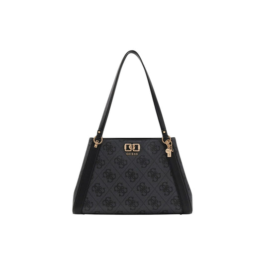 Guess Karnilla Carryall Bag; borsa nera a spalla grande con stampa logo 4G, dettagli metallici dorati e interno extra-space. L'accessorio perfetto per la donna dinamica e moderna. Vista frontale 