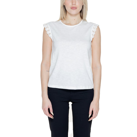 Canotta Ricamata Bianca Donna; Tessuto leggero ed ecosostenibile in 100% cotone biologico. Modello fresco a tinta unita con dettagli ricamati, stile casual e romantico primavera-estate.