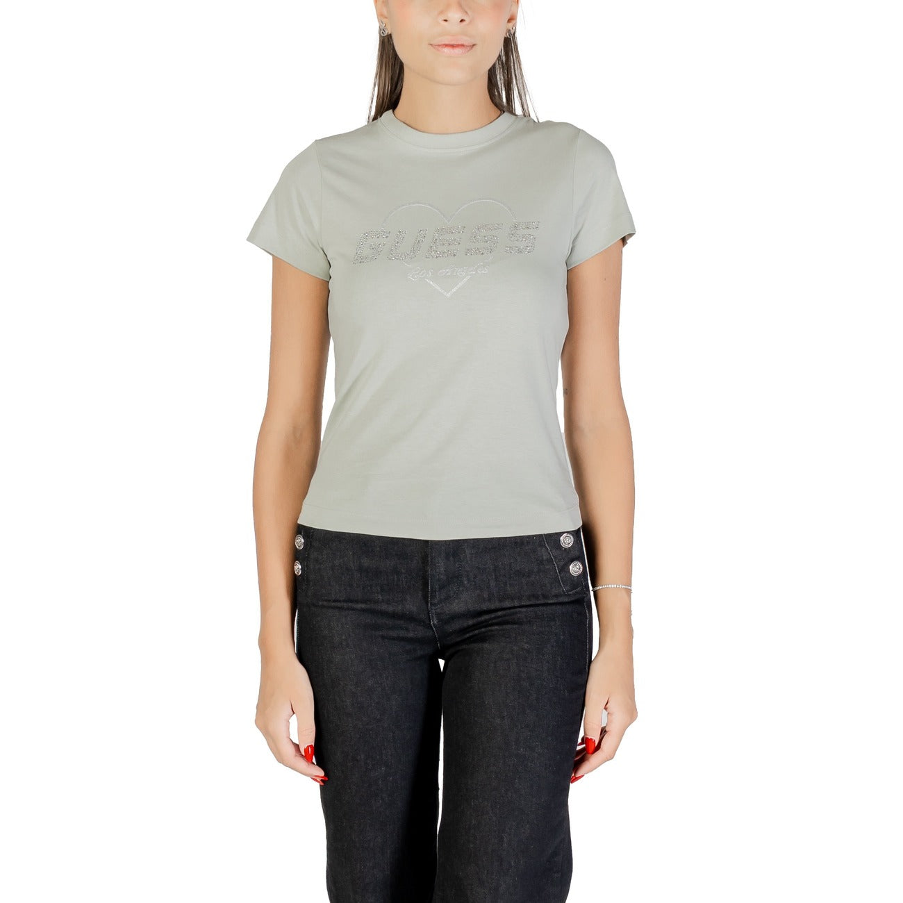 T-shirt Guess Active NARCISO donna verde chiaro con stampa strass maniche corte scollo tondo - vista frontale 
