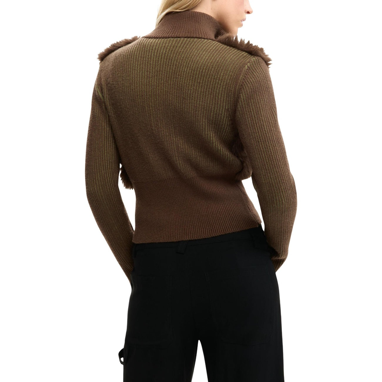 Cardigan Desigual donna marrone con cerniera zip manica lunga scollo alto - vista posteriore retro indossato da modello