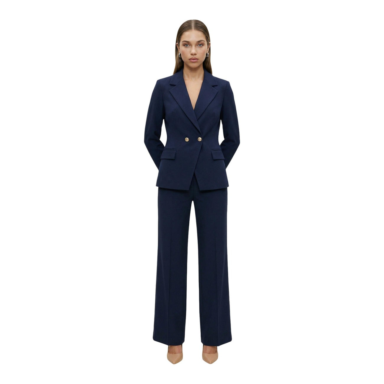 Pantalone I AM Wide Leg; 88% Poliestere, 12% Elastan. Blu Navy, piega centrale, chiusura zip/gancio. Pantaloni donna eleganti e traspiranti, Made in Italy. Vista completo 