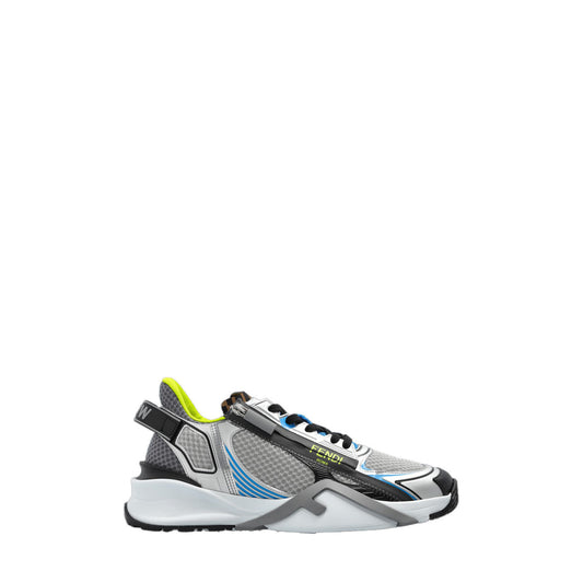 Sneakers Fendi Flow; Grigio/Fluo. Mesh tecnico, pelle e neoprene. Zip laterale logata, suola in gomma 3D, calzata ultraleggera. Eccellenza italiana, collezione Primavera/Estate. Laterale 