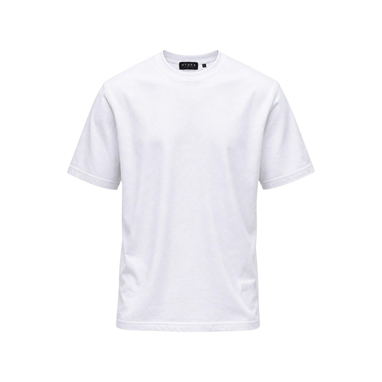 T-shirt Bianca Hydra Clothing; 100% Cotone. Girocollo, maniche corte, tinta unita. Vestibilità comoda, naturale sulla pelle e ultra-versatile. L'essenziale di qualità per il guardaroba maschile. Vista stesa frontale 