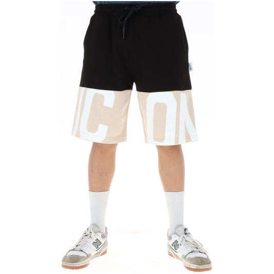 Bermuda ICON Color-Block; 87% Cotone, 13% Poliestere. Nero e Beige, maxi logo bianco spezzato, vita con lacci. Short uomo streetwear grafici e traspiranti, Made in Italy. Vista frontale 