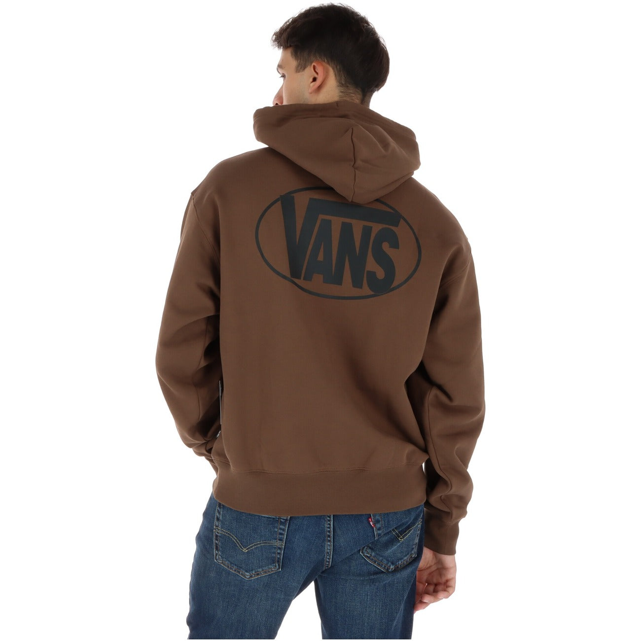 Felpa Vans marrone con cappuccio da uomo VN0010G2FST1. Hoodie oversize in cotone morbido con tasche anteriori a marsupio, maniche lunghe e stampa grafica logo retro stile vintage.