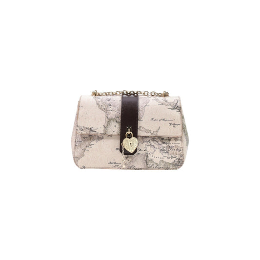Borsa a tracolla da donna Alviero Martini 1ᴬ Classe codice L LG33 T950 di colore grigio. Modello con stampa Geo Classic, chiusura con charm a cuore dorato e chiave pendente, dettagli in pelle e tracolla in catena e pelle.