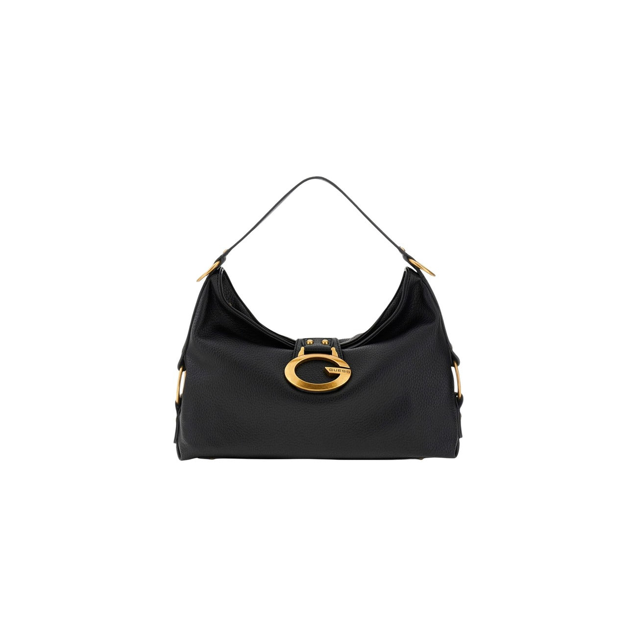 borsa a spalla Guess Camden in similpelle nera con metalleria color oro. Vista frontale 