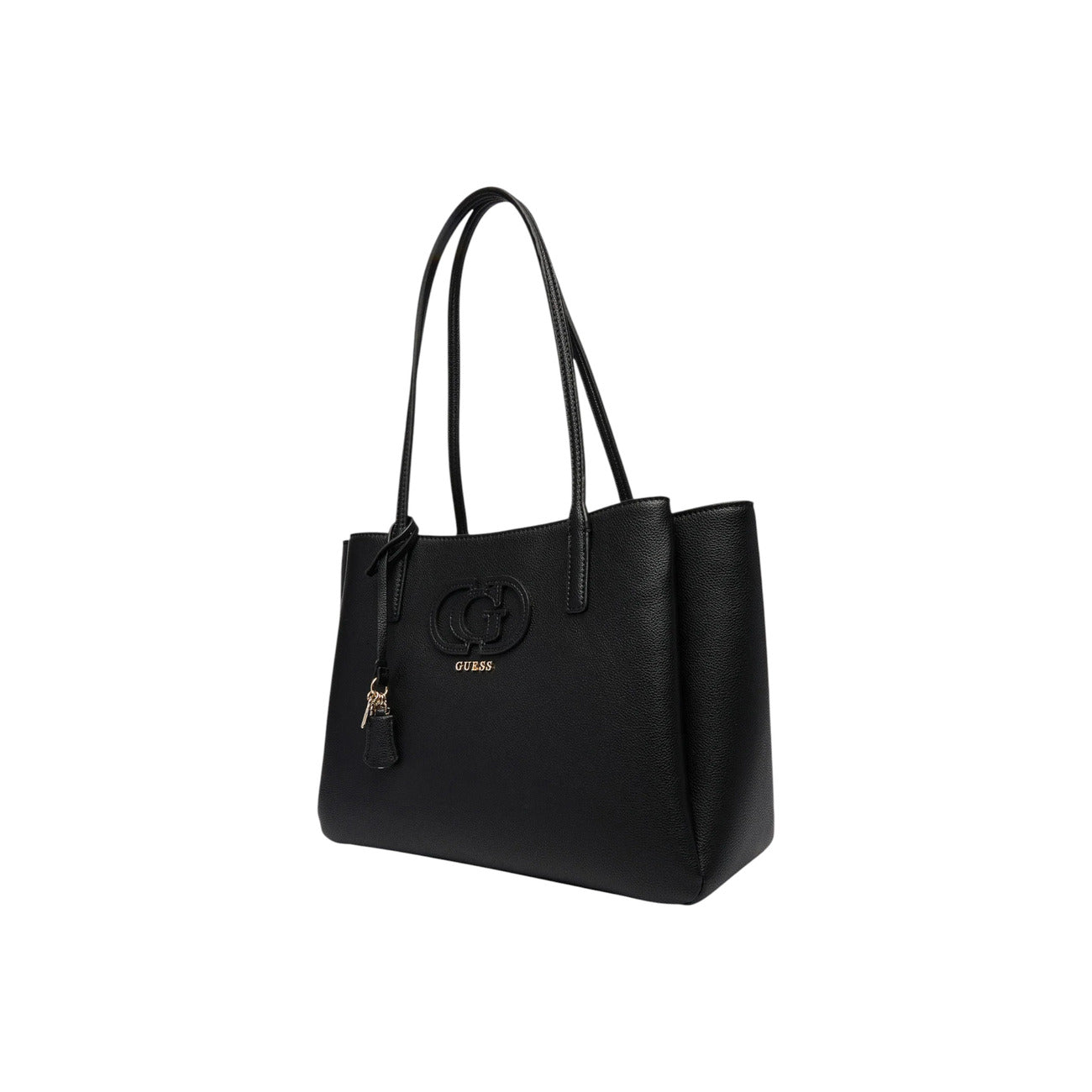 Borsa Shopper Grande Donna Guess Isola; Nero. 100% Ecopelle strutturata, chiusura con zip, doppi manici a spalla, tasca sul retro e charm oro. Silhouette svasata e capiente (40x28 cm), stile elegante-casual. Vista frontale 
