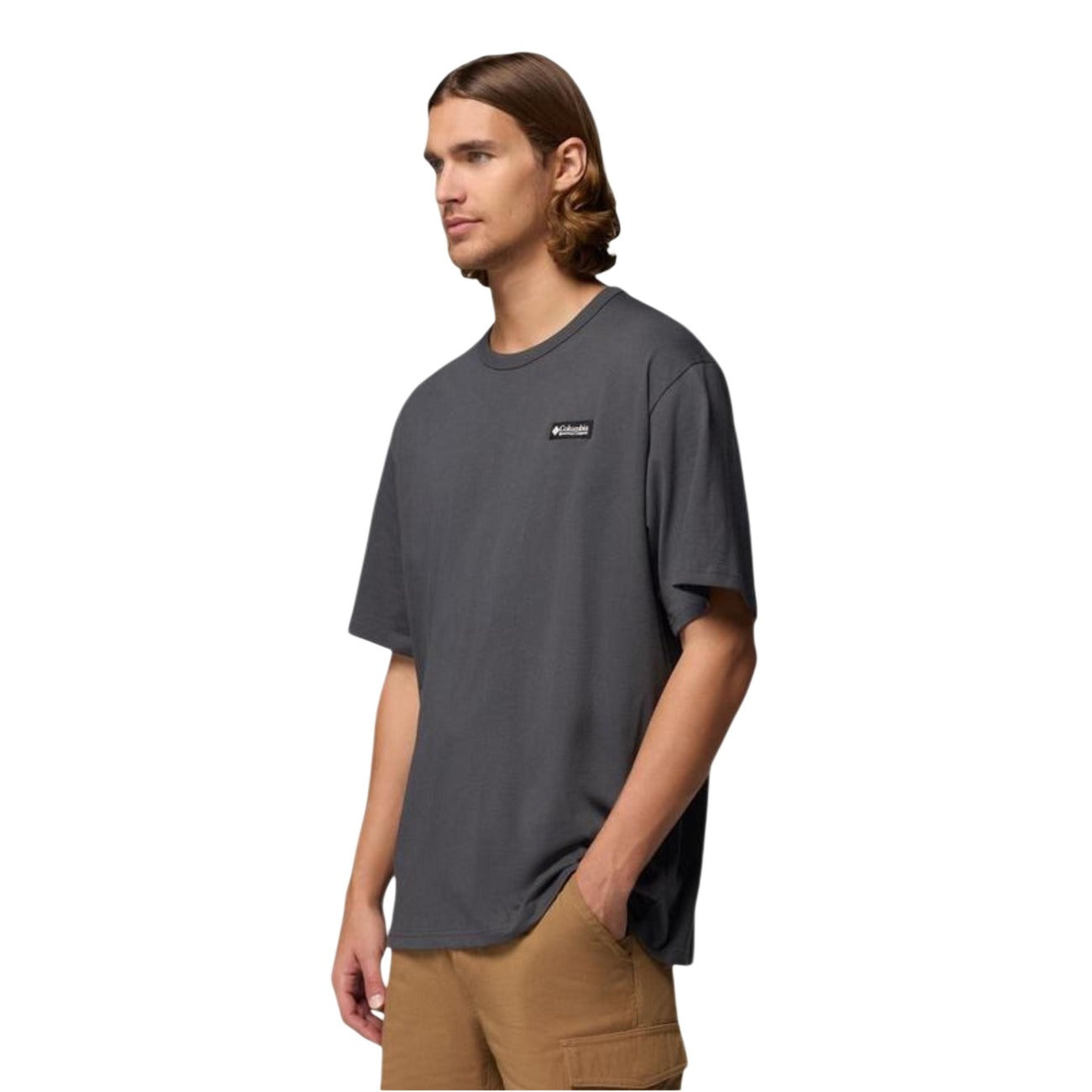 Columbia CSC™ Heavyweight T-shirt grigio, maglia uomo in cotone robusto; stile classico con stampa logo, tessuto ad alto spessore per un comfort prolungato e massima durata. Vista frontale 
