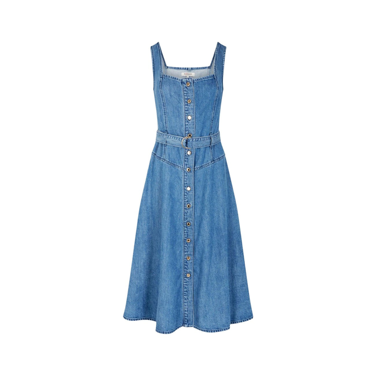 Vestito Lungo Morgan De Toi Rablai; Blu, 70% Lyocell e 30% Cotone. Chiusura con bottoni, cintura con fibbia, linea svasata. Leggero, traspirante e chic. Stile Primavera/Estate. Vista stesa 