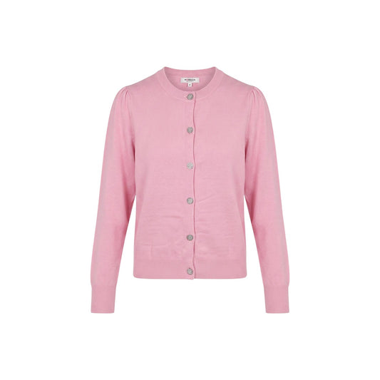 Cardigan rosa donna con bottoni gioiello Morgan De Toi 262-MKNOT. Maglia girocollo rosa in viscosa sostenibile e poliammide a maniche lunghe con dettagli arricciati sulle spalle.