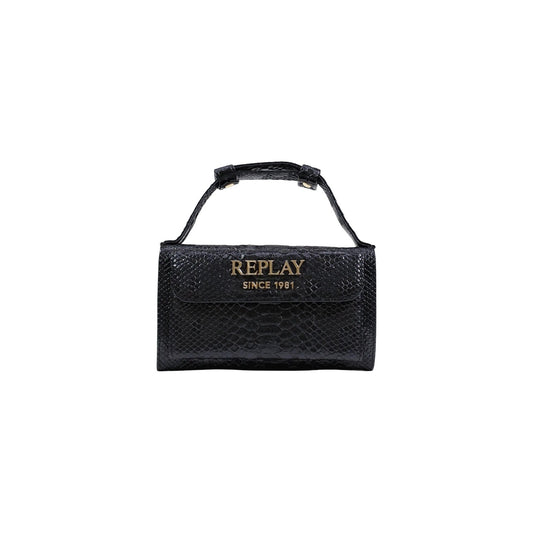 Replay Small Bag FW5387; effetto pitone, logo in metallo, manico rigido e tracolla. La borsa sofisticata e grintosa per uno stile contemporaneo. Colore nero vista frontale 