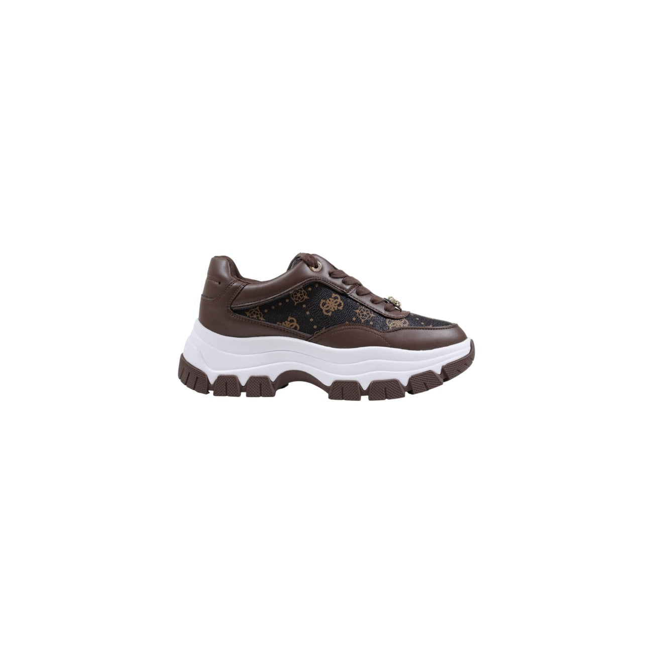 Guess Sneakers runner marroni Berrett2 Chunky; tomaia con stampa logo 4G, suola platform confortevole e finiture raffinate. Un must-have dinamico e di tendenza per il guardaroba femminile. Vista laterale 