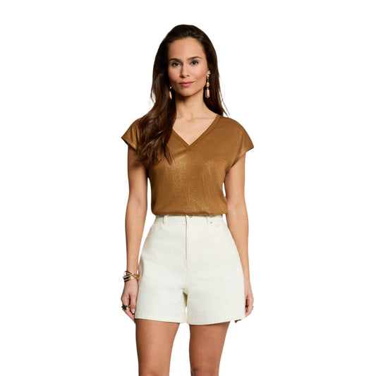 T-shirt Morgan De Toi Marrone; 66% Viscosa, 34% Poliestere. Scollo a V, tessuto lucido leggero, vestibilità relaxed. Stile elegante-casual, ideale per la stagione Primavera/Estate. Vista frontale 