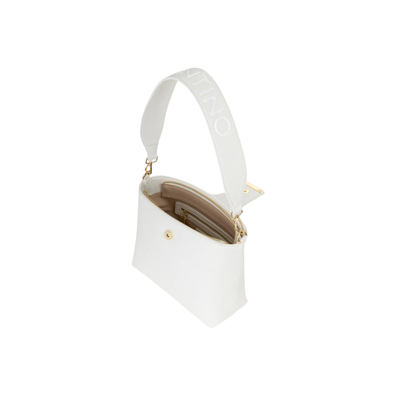 Borsa Media bianca Donna Valentino Bags Clio; Misure 7x22x7 cm. Tessuto 100% poliuretano stile mezzaluna con chiusura a zip. Tracolla a spalla regolabile con finiture e fibbia dorate, stile elegante e casual. Vista aperta 