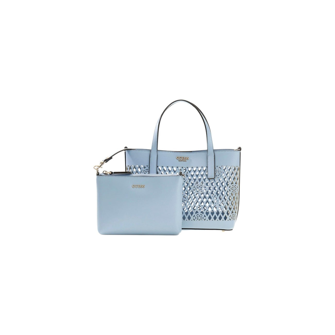 Guess Letty HWPG99 11750, mini tote traforata con pochette azzurra interna estraibile; doppia portabilità a mano o al braccio, logo iconico e design contemporaneo in 100% poliuretano. Vista frontale con pochette 