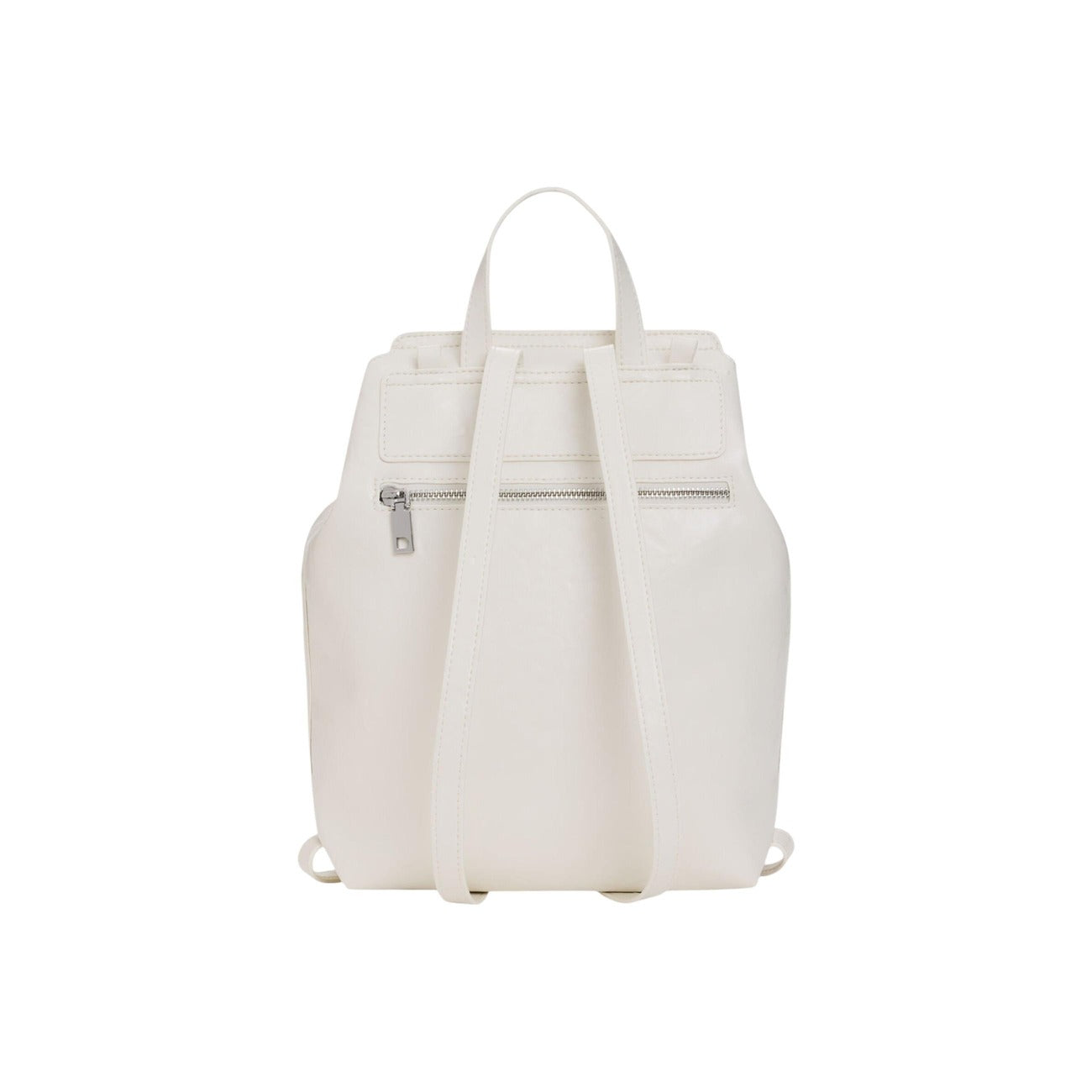 Zainetto Effetto Pelle; chiusura coulisse, tracolle intercambiabili, charm portacarte, logo tono su tono. Il design compatto e versatile della collezione SS26. Vista posteriore 