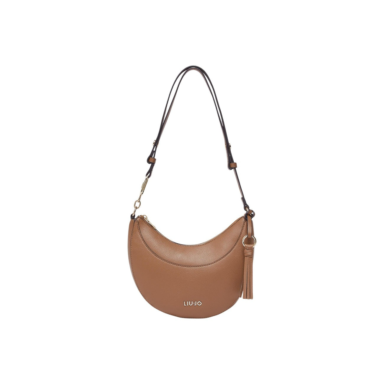 Borsa Hobo Liu Jo ECS M; 100% Poliuretano Marrone. Stampa bottalata, catena logo LJ, chiusura con zip e tracolla. Prodotto eco-friendly "Liu Jo Better". Vista frontale 