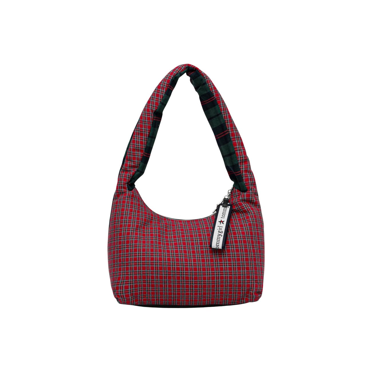 Borsa Hobo Tommy Girl; 100% Cotone Twill. Fantasia a quadri bicolore, chiusura zip con charm logo, capienza 11,5L. Accessorio iconico anni '90 per la stagione PE26. Vista frontale 