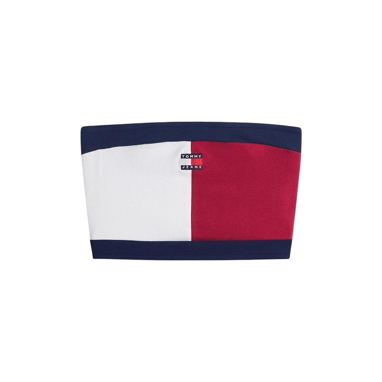 Tommy Jeans Top a fascia donna con logo frontale; composizione eco-sostenibile in misto cotone e poliestere riciclato, design a blocchi di colore e finitura elasticizzata confortevole. Vista frontale stesa 