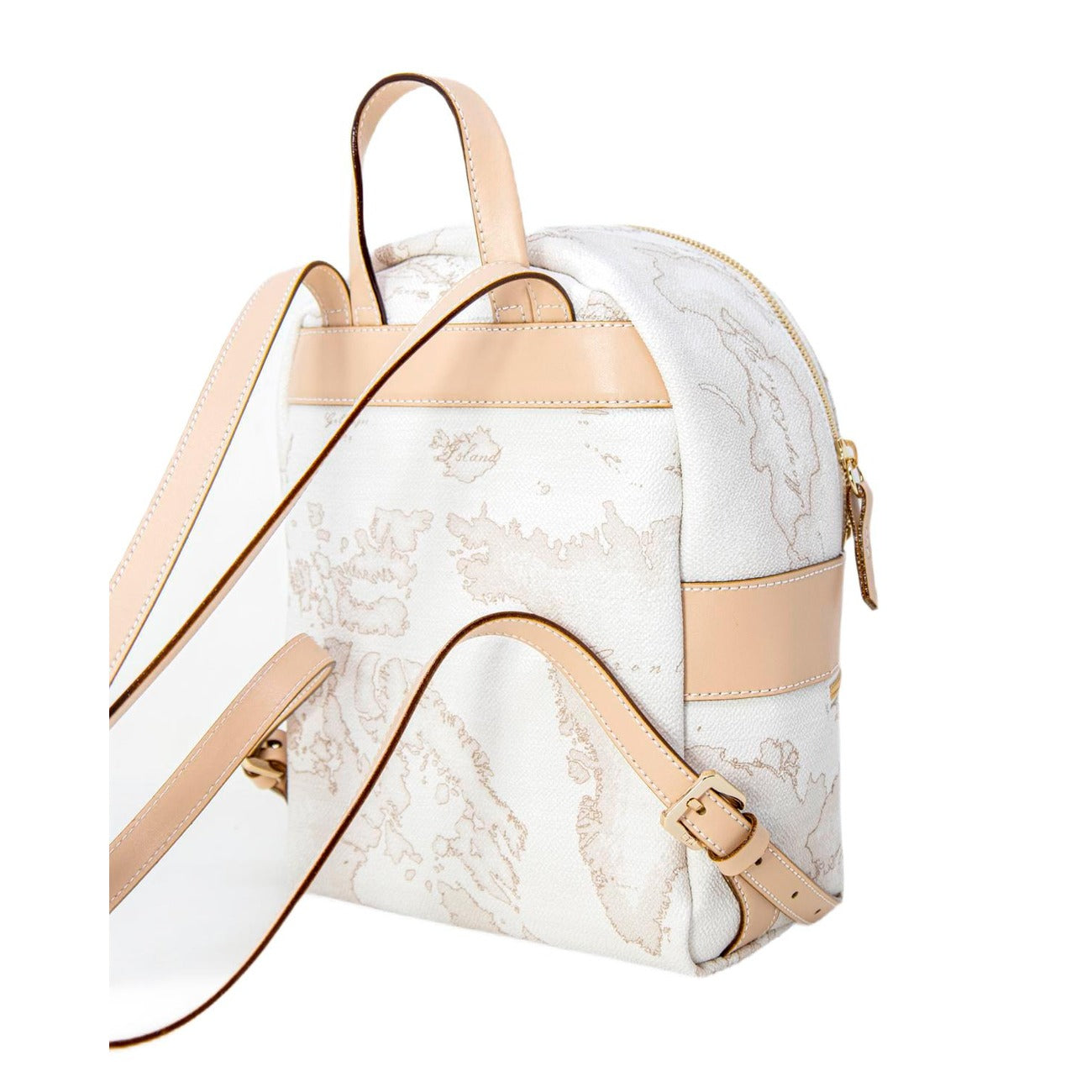 Zaino Piccolo Donna Alviero Martini Prima Classe; Bianco Geo White. Tessuto tecnico stampato con dettagli in ecopelle e metalleria oro lucido. Chiusura con zip, tasca frontale e spallacci regolabili. Misure compatte (23x26 cm), stile Heritage contemporaneo. Vista posteriore 