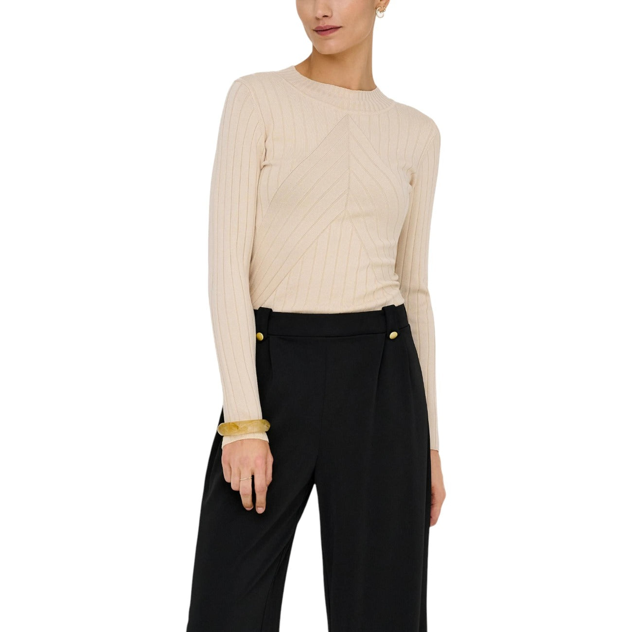 Jacqueline De Yong Maglia Donna Beige in 70% Viscosa 30% Nylon a Manica Lunga con Scollo Tondo 15207694