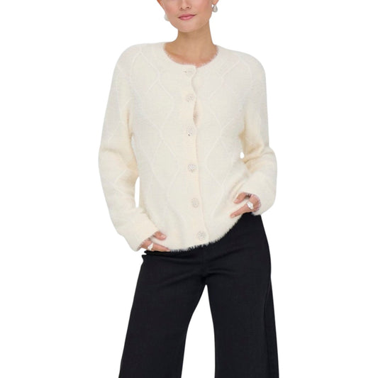 Jacqueline De Yong Cardigan Donna Bianco con Bottoni Maniche Lunghe Scollo Tondo - Cardigan Nylon Poliestere Viscosa