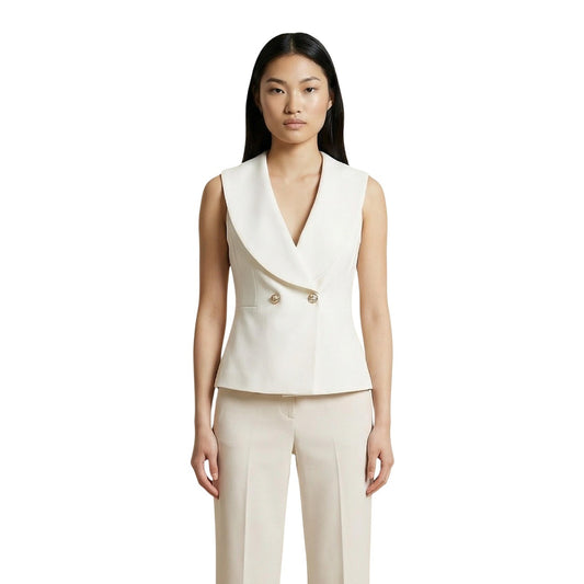 Artigli Gilet Collo Sciallato; maglieria stretch con bottoni oro decorativi. Stile casual-chic, ideale per ufficio e cerimonie. Vista frontale 