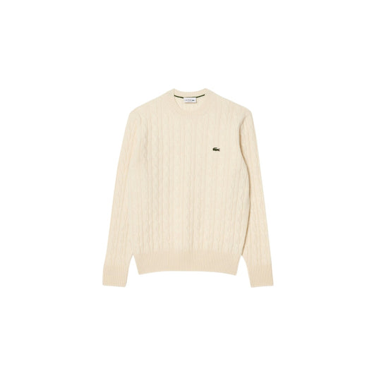 Maglione lana trecce bianco uomo Lacoste AH2924-00. Maglia pesante spessa autunno inverno con colletto e logo coccodrillo.
