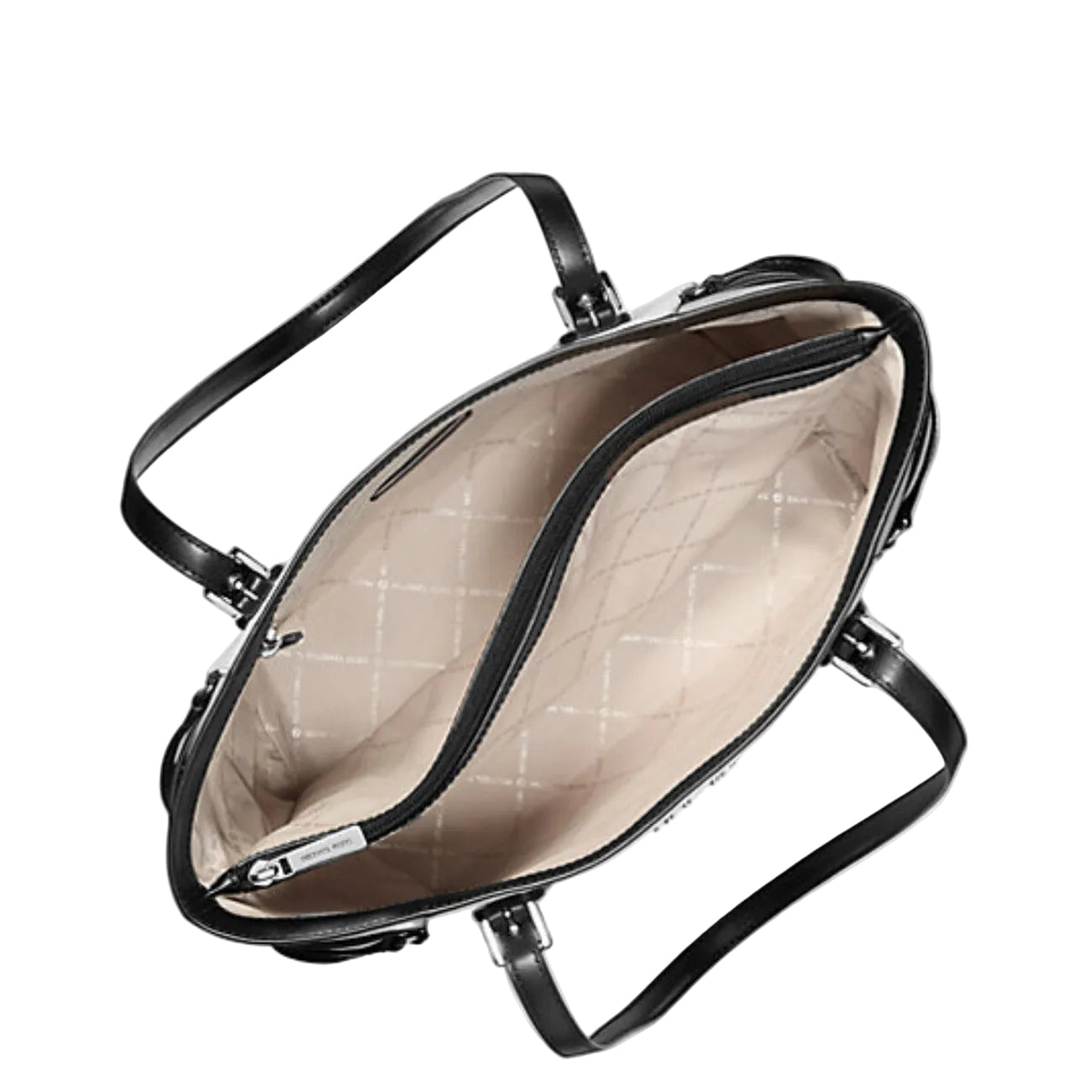 Borsa Michael Kors donna nera a mano con manici tracolla removibile cerniera 100% pelle - vista dall’alto con cerniera aperta vista interna 

