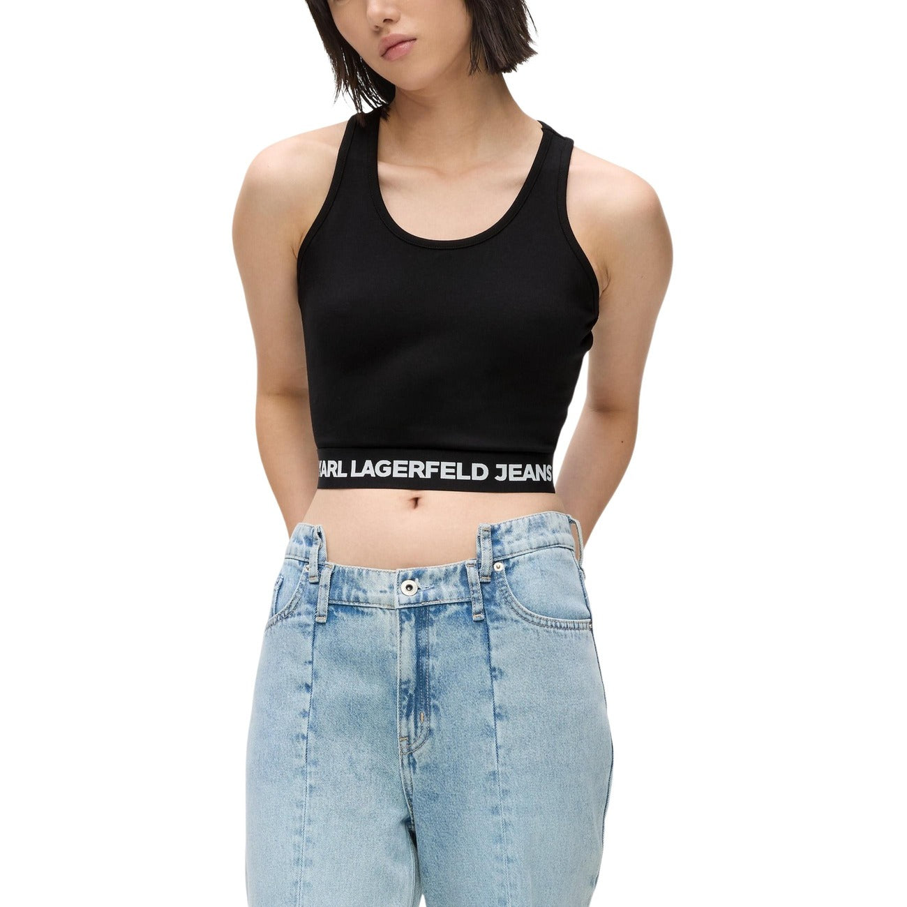 Top nero donna Karl Lagerfeld Jeans modello MILANO senza maniche con scollo rotondo in viscosa

