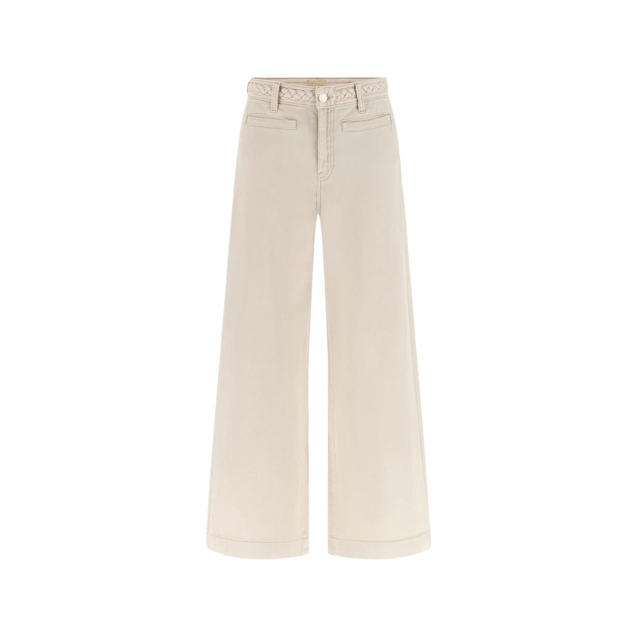 Jeans Crop Bootcut Guess Zoya; Beige. 97% Cotone, 3% Elastam. Dettaglio cintura intrecciata, vita media, gamba a zampa corta. Stile raffinato e di tendenza per tutte le stagioni. Vista stesa 