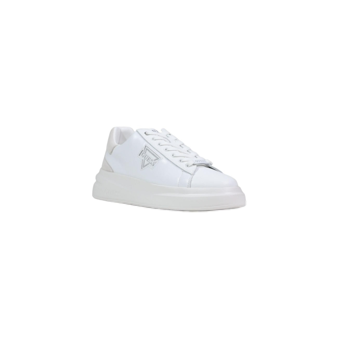 Sneakers Guess Elban; Bianco, Mix Poliestere/Suede. Logo in rilievo, suola 3 cm, calzata comfort. Design 4 stagioni, stile casual-chic. Vista frontale 