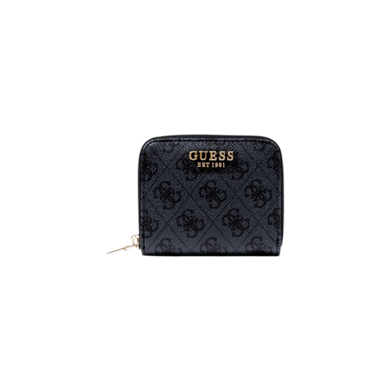 Guess Laurel II Small Wallet; portafoglio piccolo nero compatto con cerniera perimetrale, texture monogrammata e scomparti per carte e monete. Accessorio raffinato e funzionale. Vista frontale 