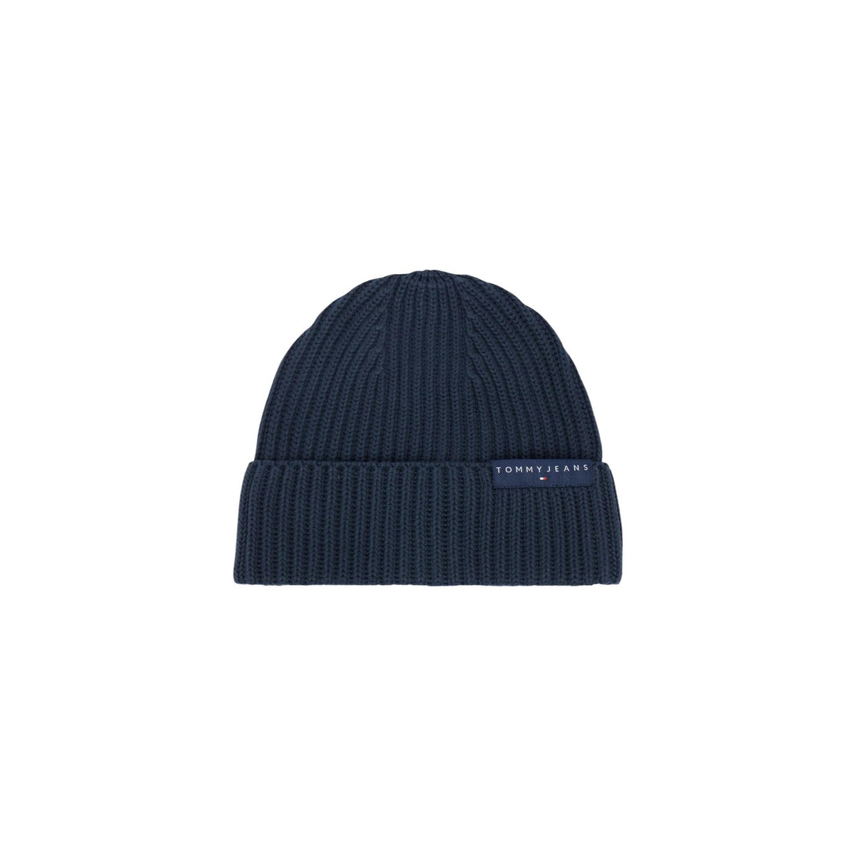 Berretto cotone uomo Tommy Jeans AM0AM14865C1G. Cappello da cuffia a coste in puro cotone blu e nero con risvolto e scritta logo Tommy Jeans.