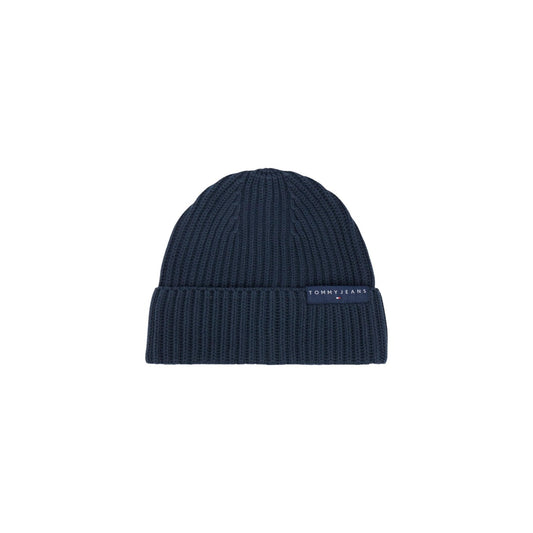 Berretto cotone uomo Tommy Jeans AM0AM14865C1G. Cappello da cuffia a coste in puro cotone blu e nero con risvolto e scritta logo Tommy Jeans.