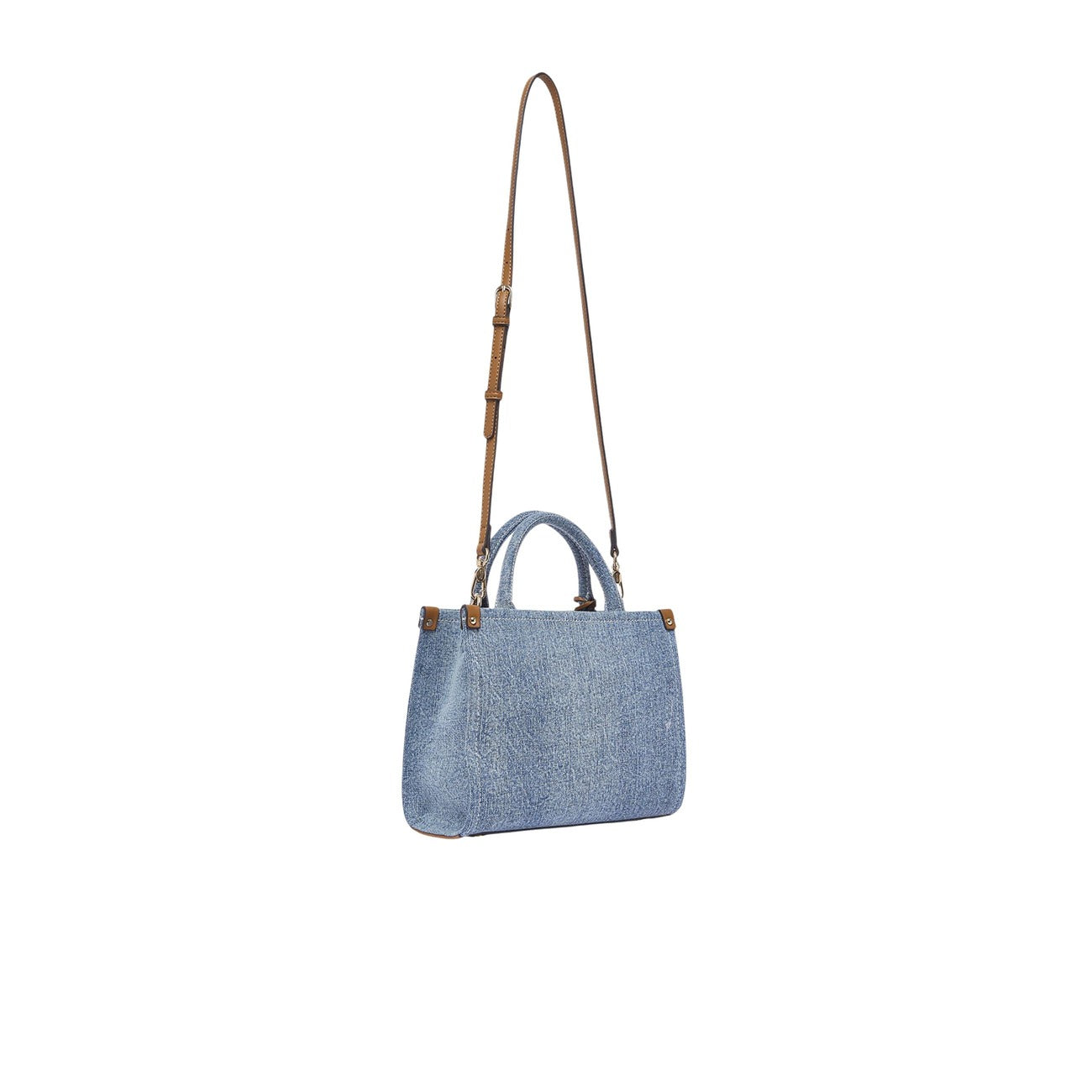 Borsa Liu Jo Denim Azzurro; 100% Cotone. Chiusura con zip, scomparto centrale, charms removibili e tracolla inclusa. Dimensioni 25x21x11 cm. Zainetto a mano piccolo, stile Primavera/Estate. Vista posteriore con tracolla 