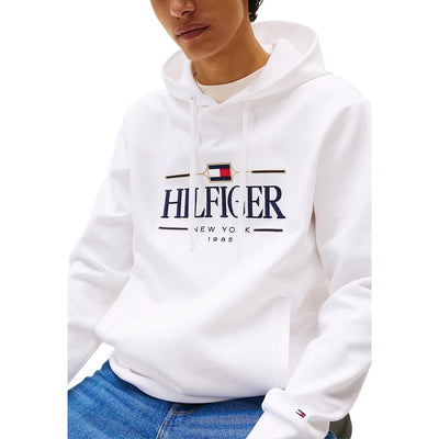 Tommy Hilfiger Felpa Cappuccio Uomo Bianco Stampa Manica Lunga Scollo Tondo Tasche Cotone Organico Poliestere Autunno Inverno MW0MW39586