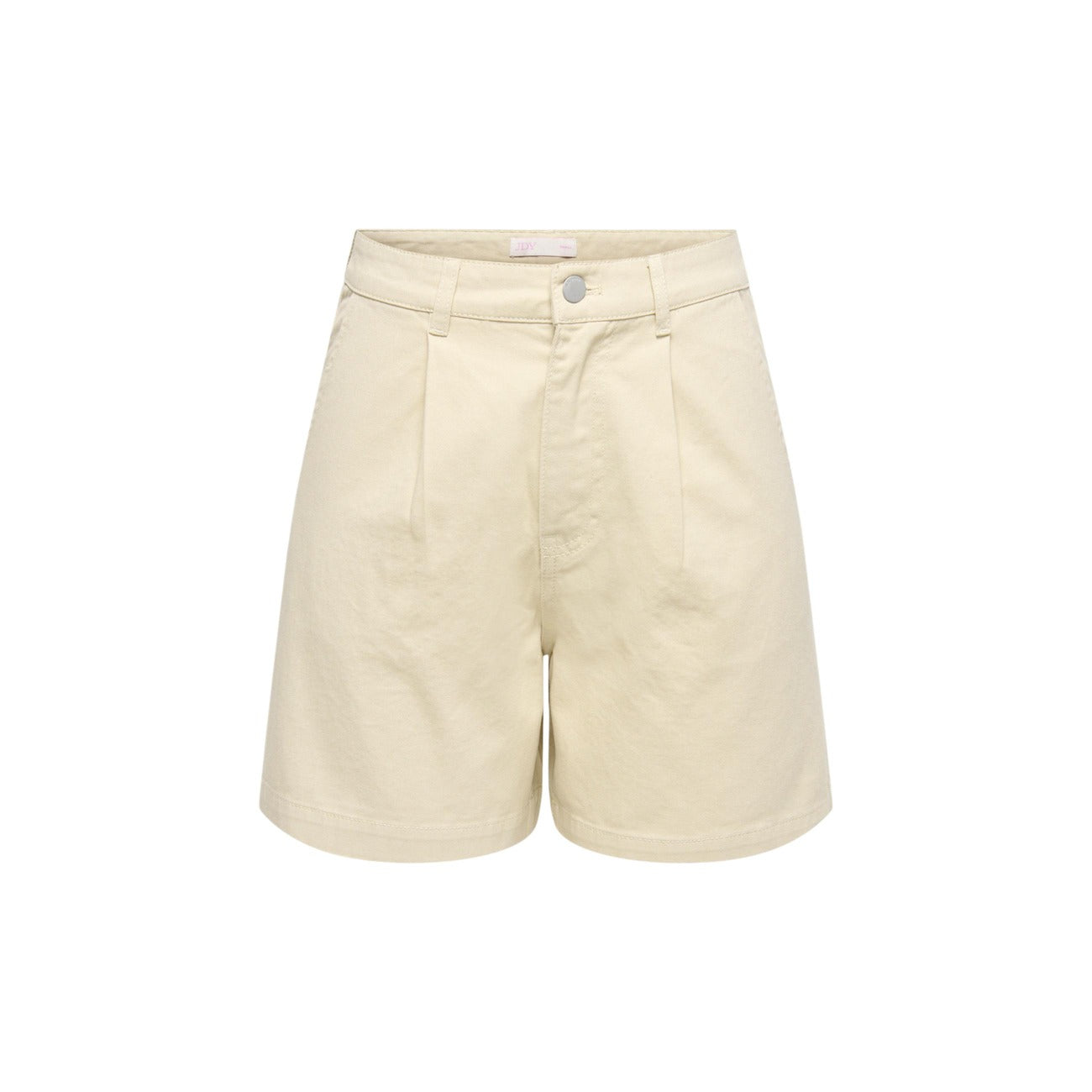 Shorts JDY Jdyemma HW; 100% Cotone (20% Riciclato). Vita alta, pinces frontali, gamba larga. Pantaloncini donna eleganti, freschi e sostenibili. Colore beige. Vista frontale Stesa